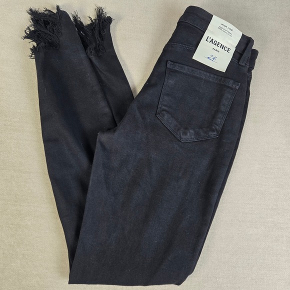 L'AGENCE Denim - L'AGENCE High Line High Rise Skinny Black Jeans Size 24 Distressed Fray Hem‎